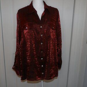 NY Collection Red Shimmery Large Rhinestone Button-Up Blouse Top Size 2X